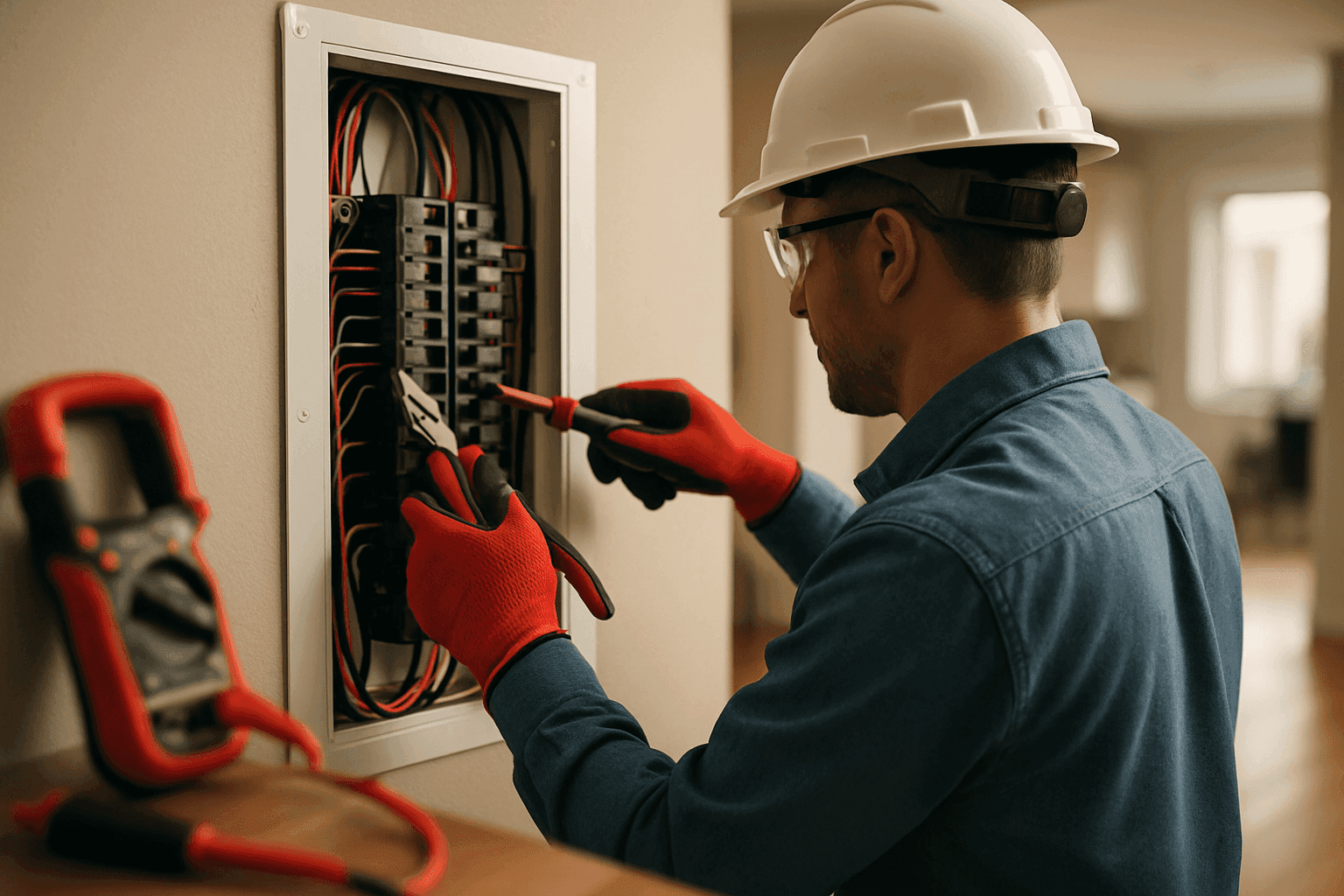 Residential electrician wearing PPE working on electrical panel with red-accented tools