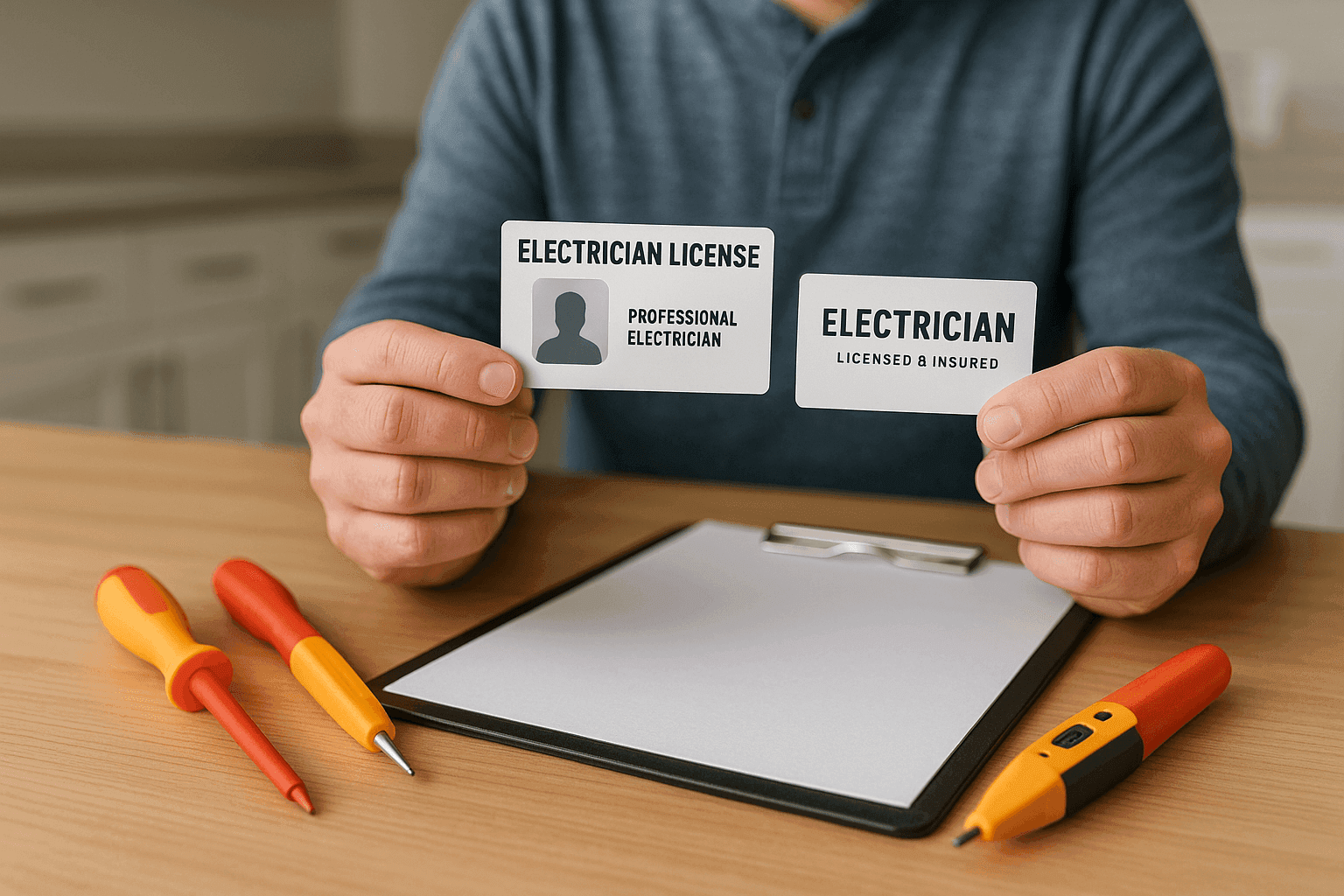 Homeowner reviewing electrician's credentials and license at kitchen table