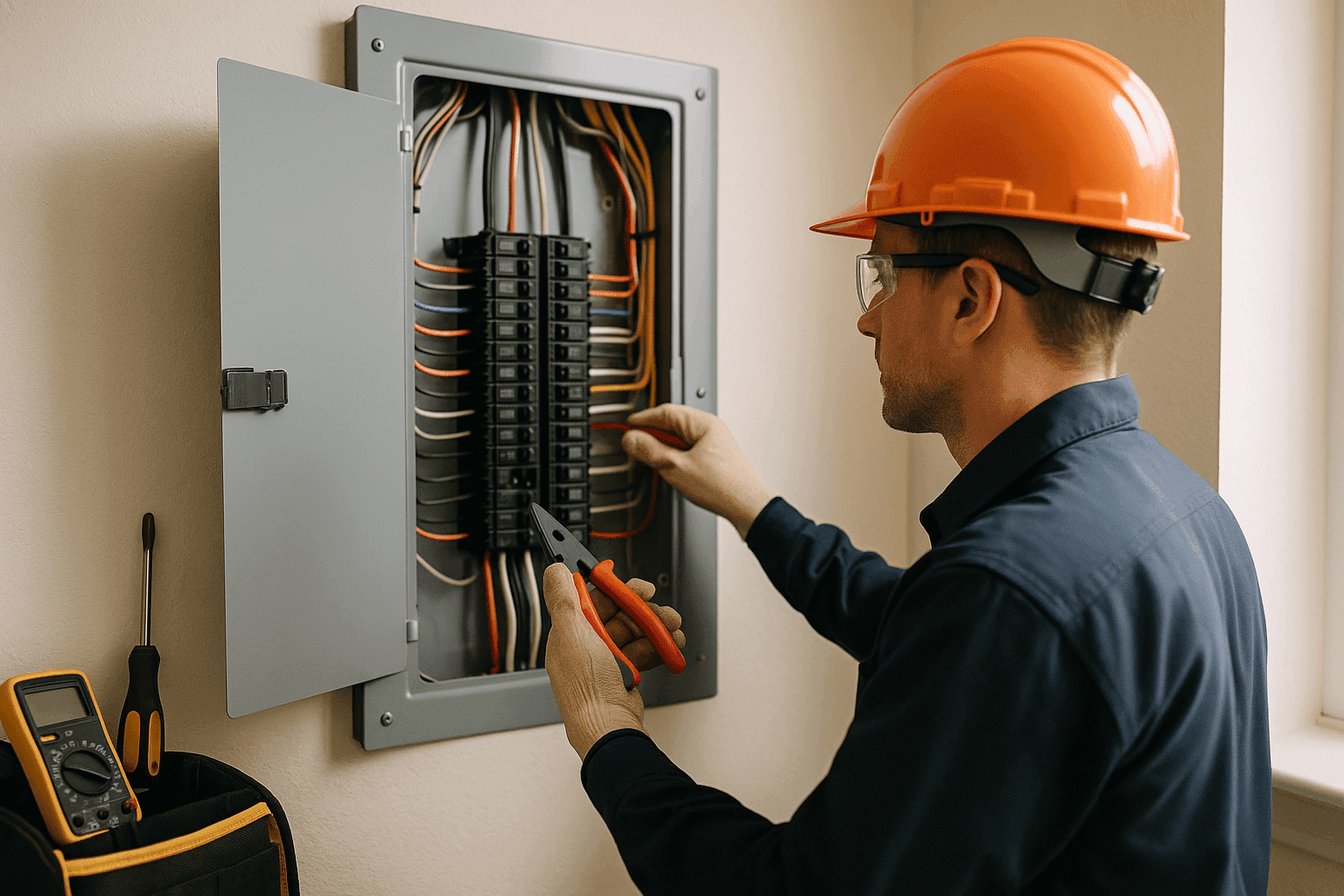 Electrician inspecting a residential electrical panel with tools and safety equipment