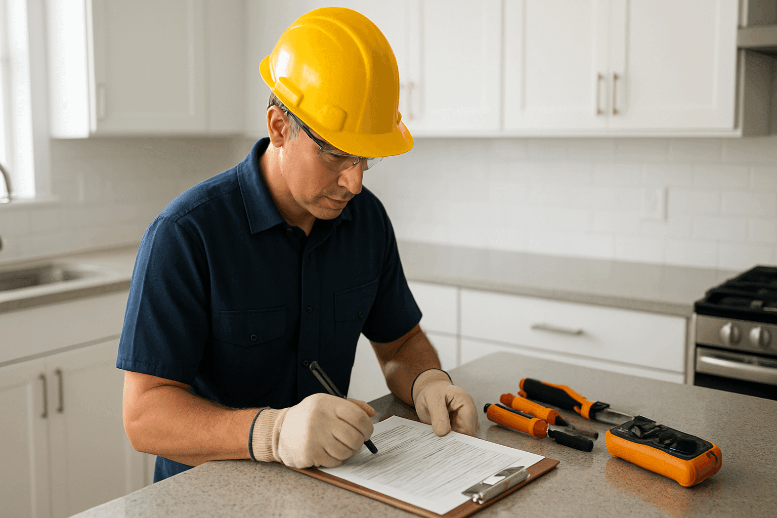 Electrician preparing a detailed cost estimate at a kitchen counter