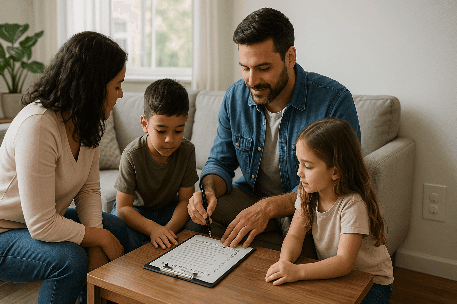 Family reviewing electrical safety tips in their living room