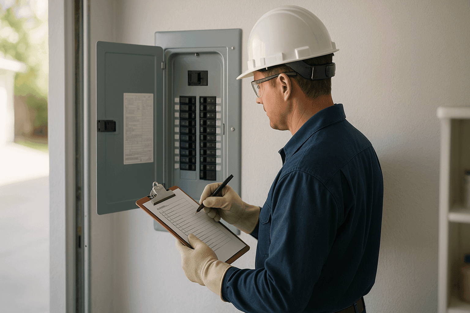 Electrician performing a safety inspection on a home's circuit panel