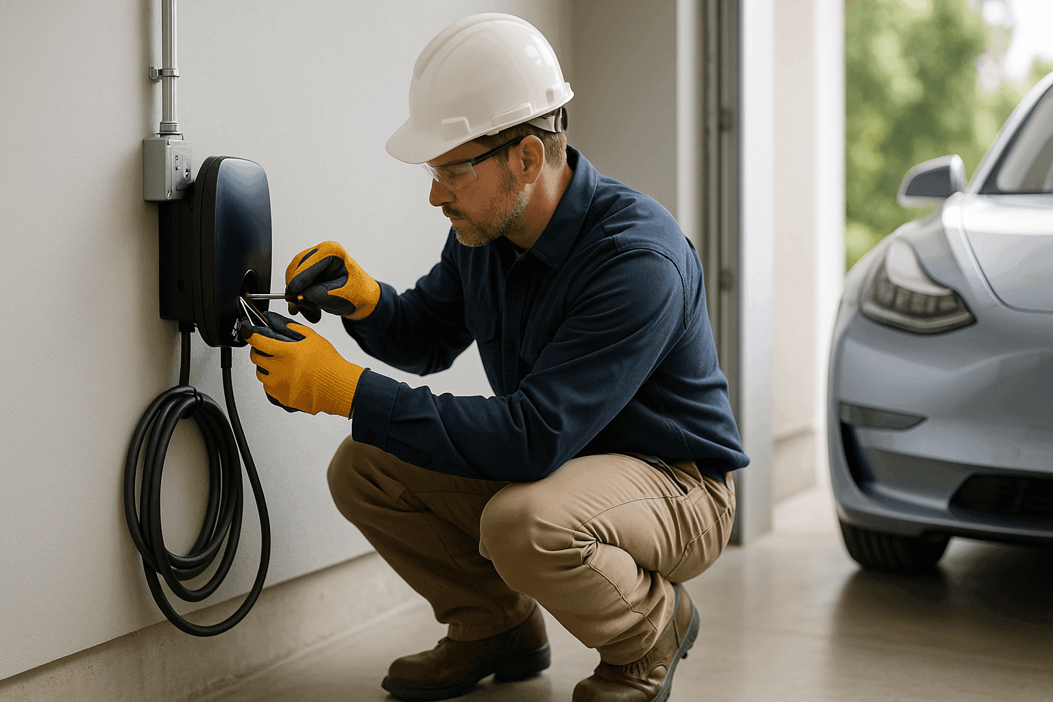 Electrician installing an EV charger in a modern home garage