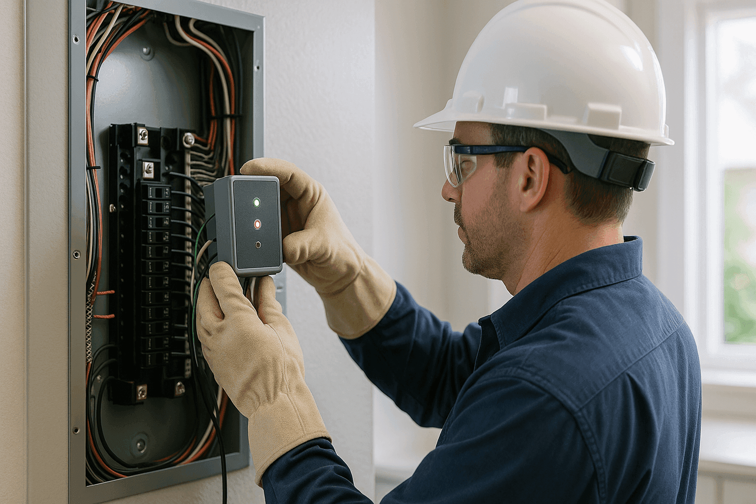 Electrician installing a surge protection device in a home's main electrical panel